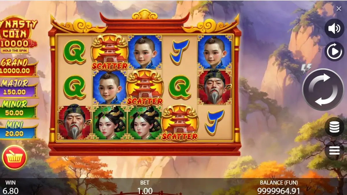 Tampilan visual slot Dynasty Coin 10,000 dengan latar belakang kekaisaran kuno