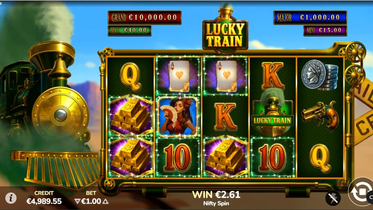 Tampilan visual mesin slot Lucky Train dengan tema steampunk dan lokomotif uap.