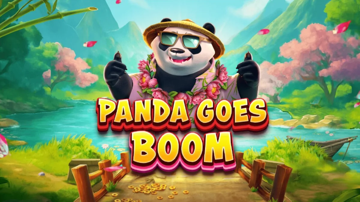 Panda Goes Boom slot machine interface with tropical bamboo background