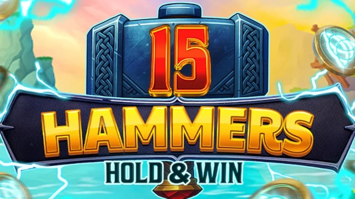 Tampilan visual slot 15 Hammers: Hold & Win dengan latar belakang bertema palu